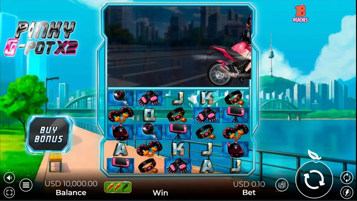 Tampilan neon futuristik dari slot Pinky G-Pot X2 dengan elemen balap motor